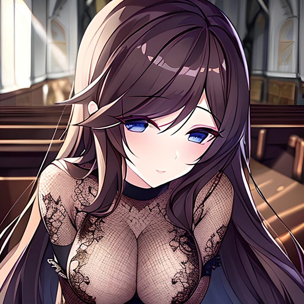 woman church long hair brunette fishnet messy hair 