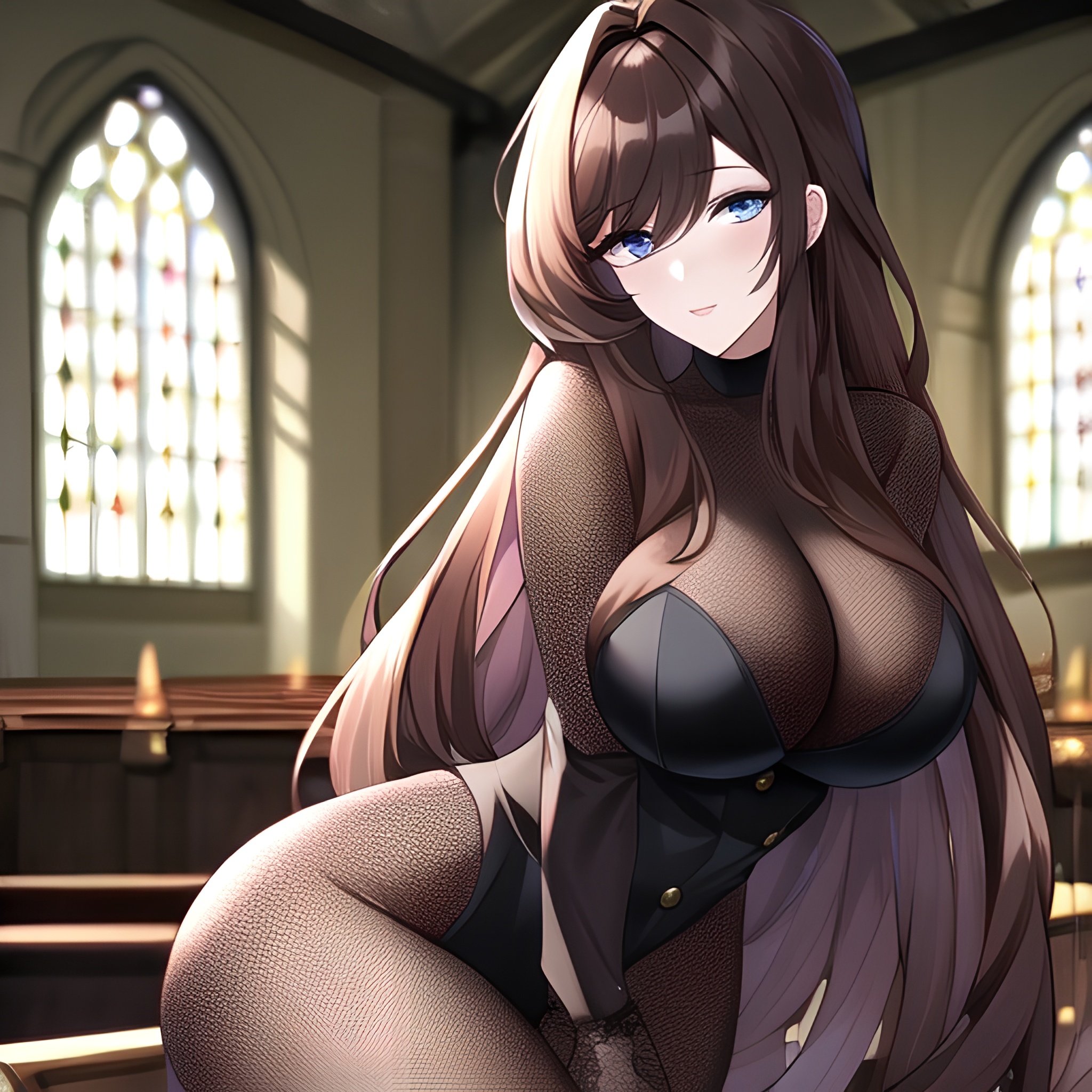 woman church long hair brunette fishnet messy hair 