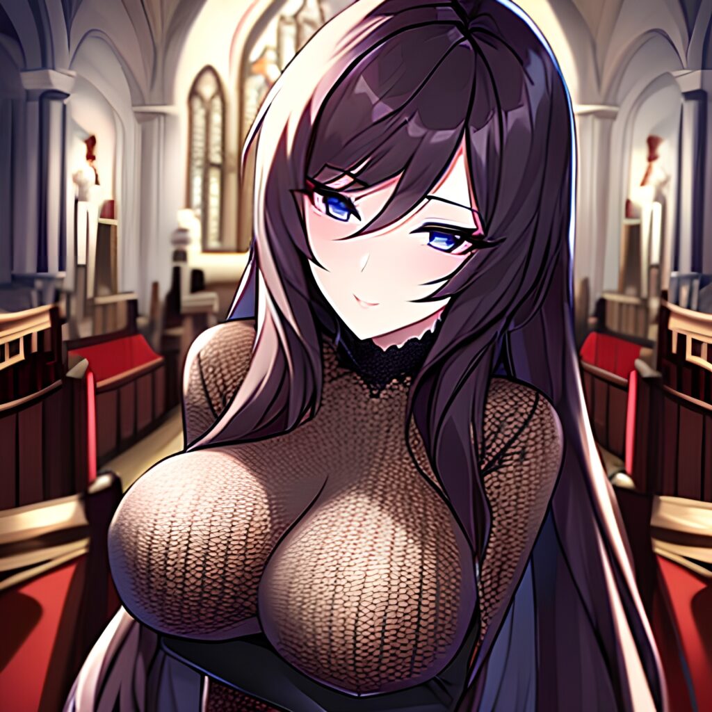 woman church long hair brunette fishnet messy hair