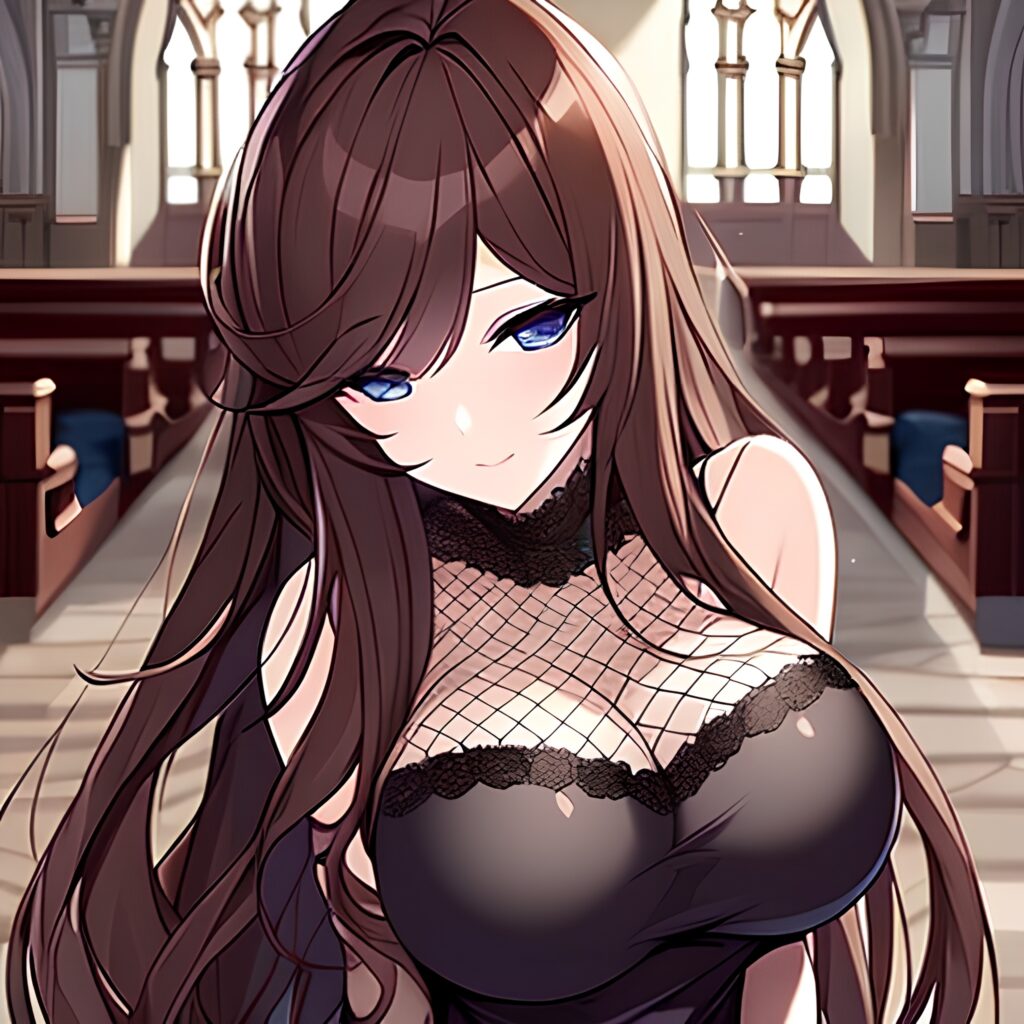 woman church long hair brunette messy hair fishnet 