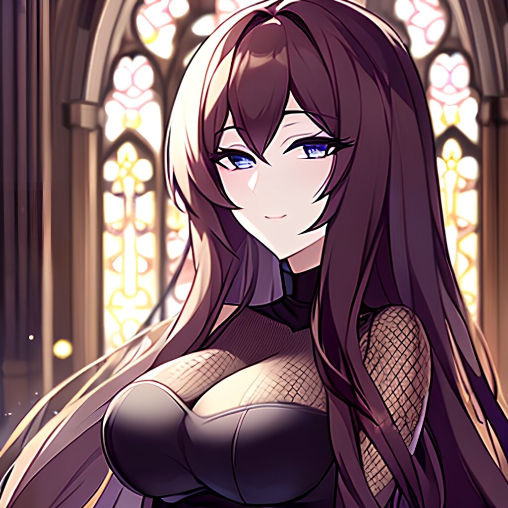 woman church long hair brunette messy hair fishnet