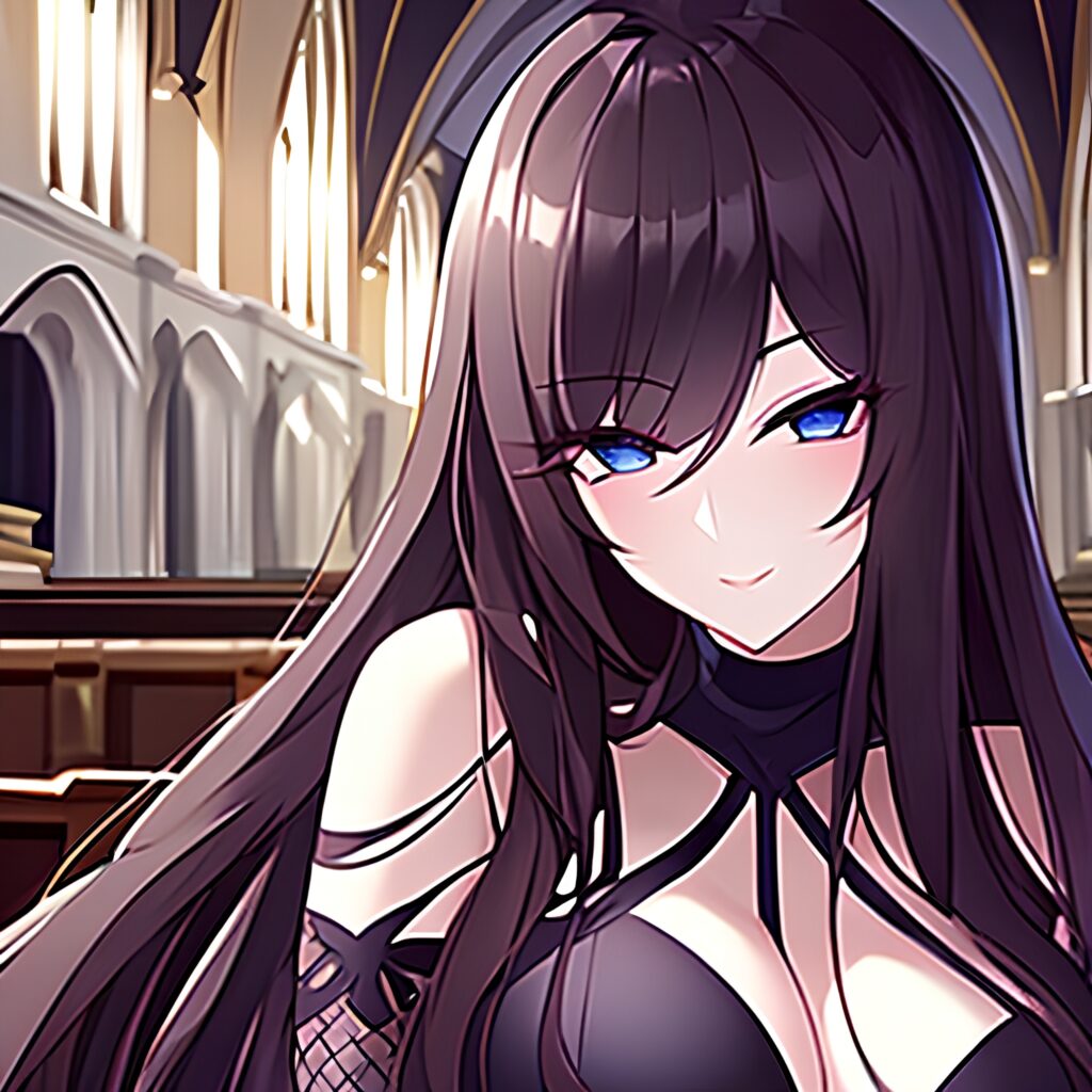 woman church long hair brunette messy hair fishnet 