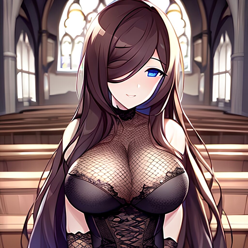 woman church long hair brunette messy hair fishnet 