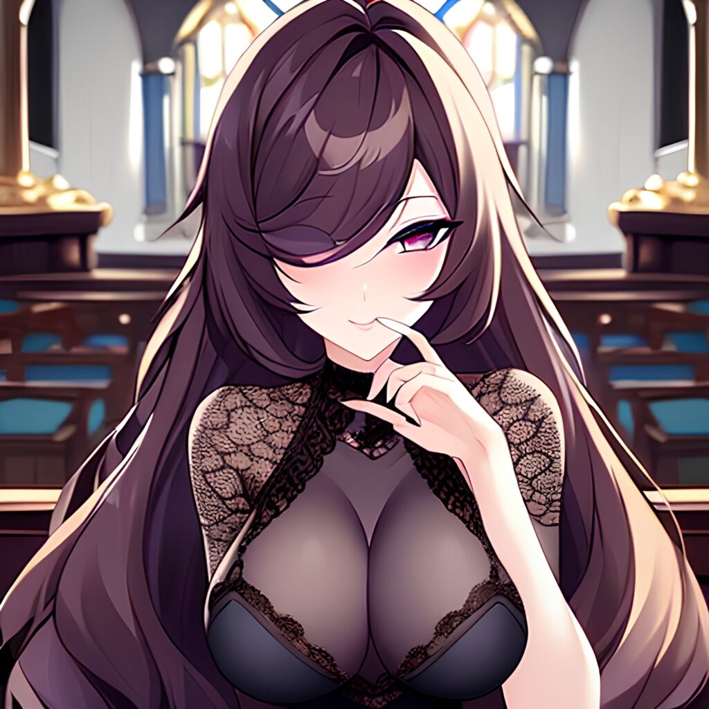 woman church long hair fishnet brunette messy hair 