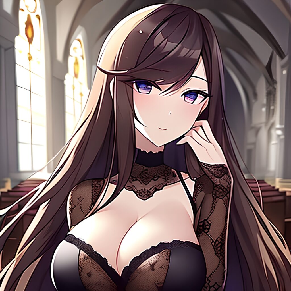 woman church long hair fishnet brunette messy hair 