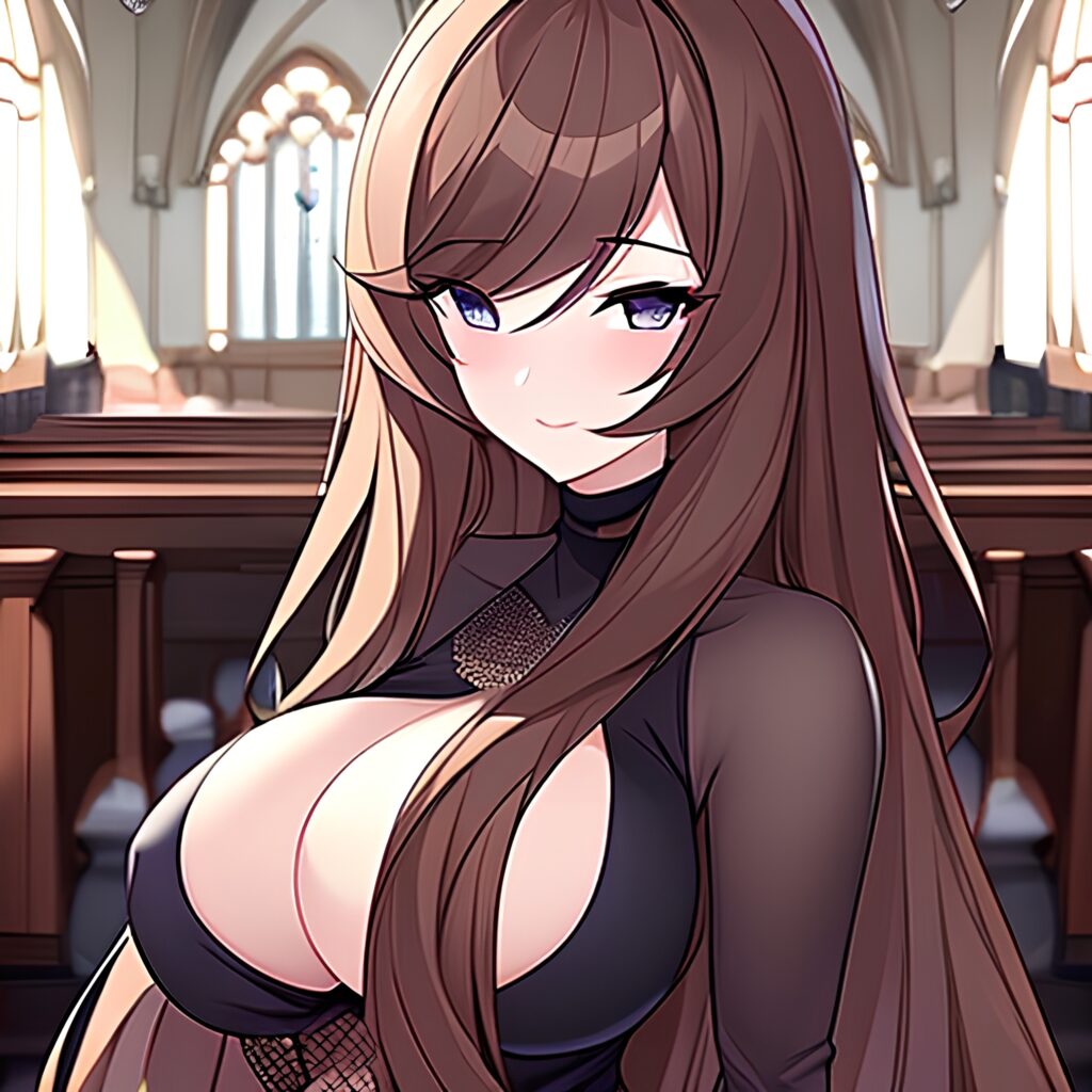woman church long hair fishnet brunette messy hair