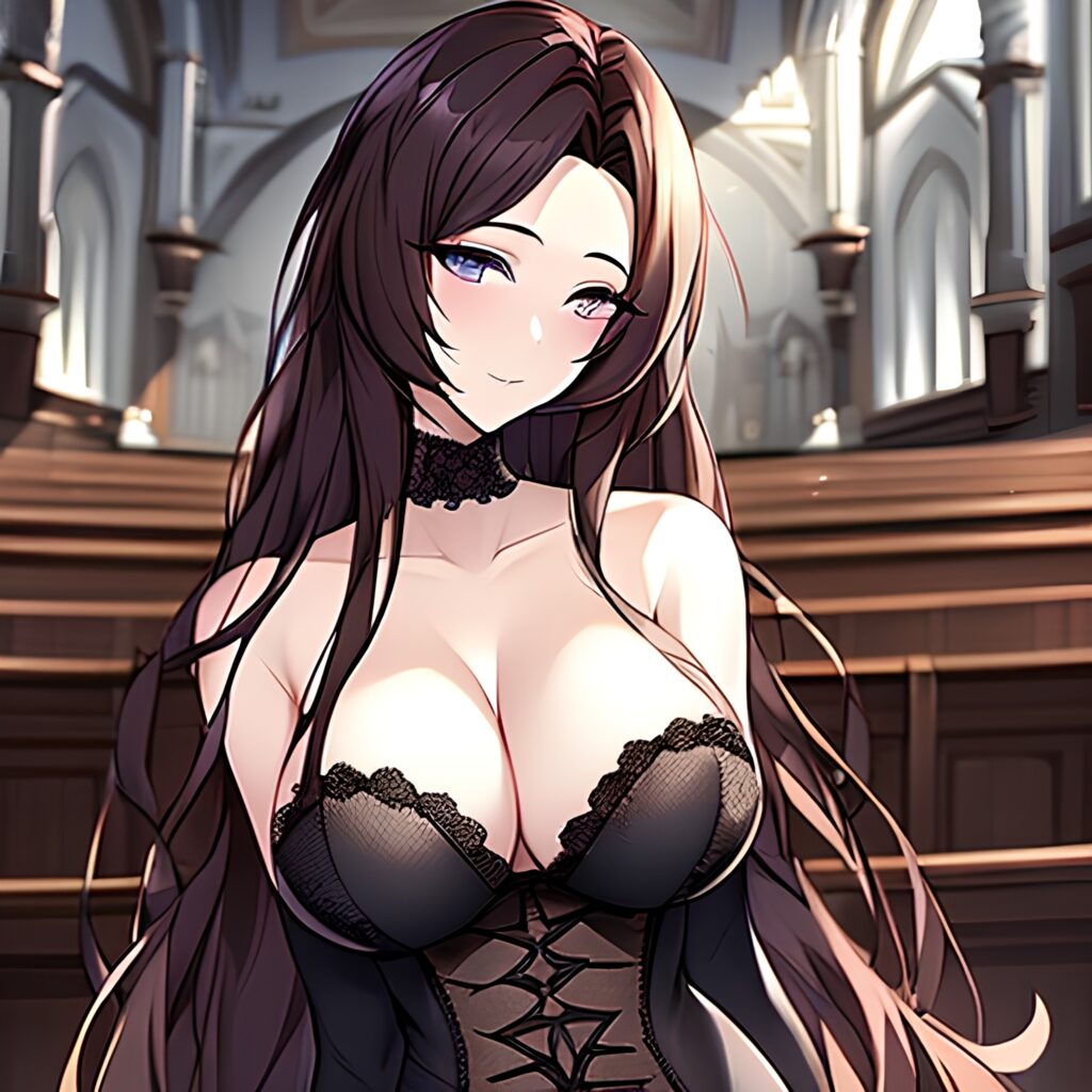 woman church long hair fishnet messy hair brunette