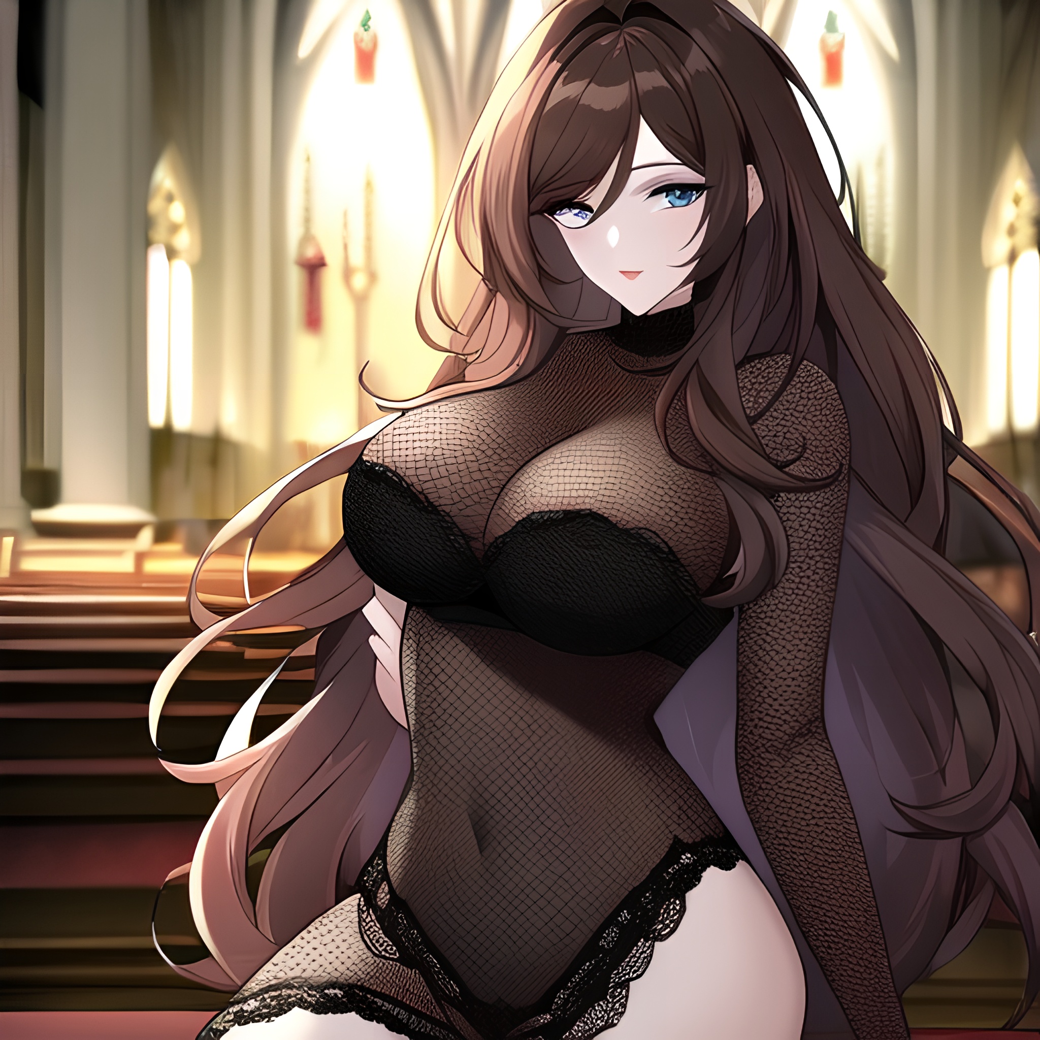 woman church long hair messy hair brunette fishnet