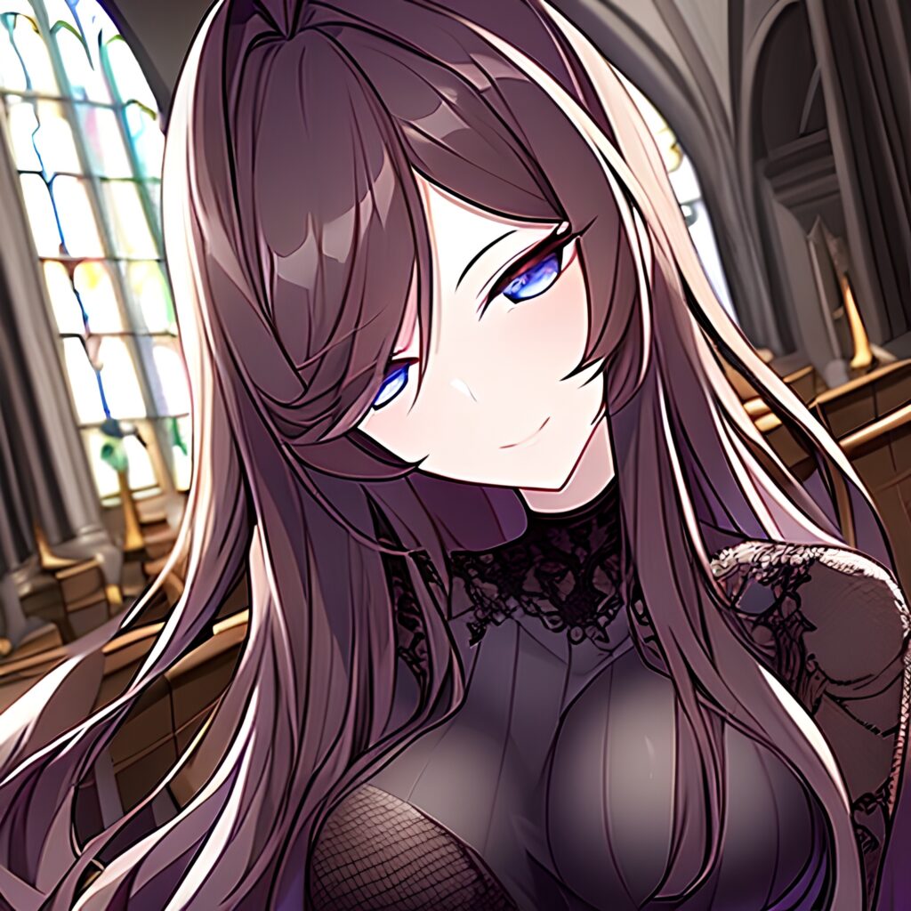 woman church long hair messy hair brunette fishnet 