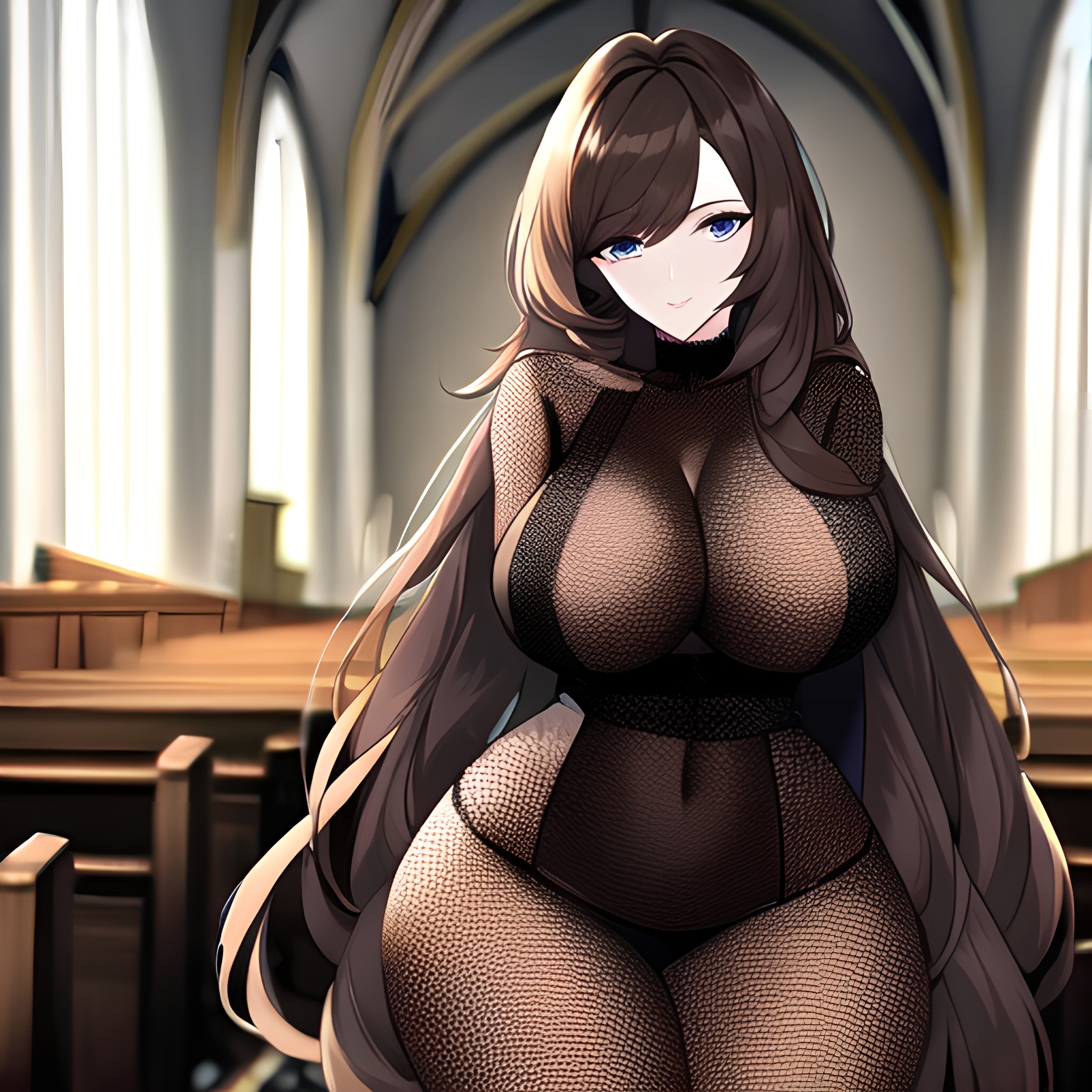 woman church messy hair brunette fishnet long hair