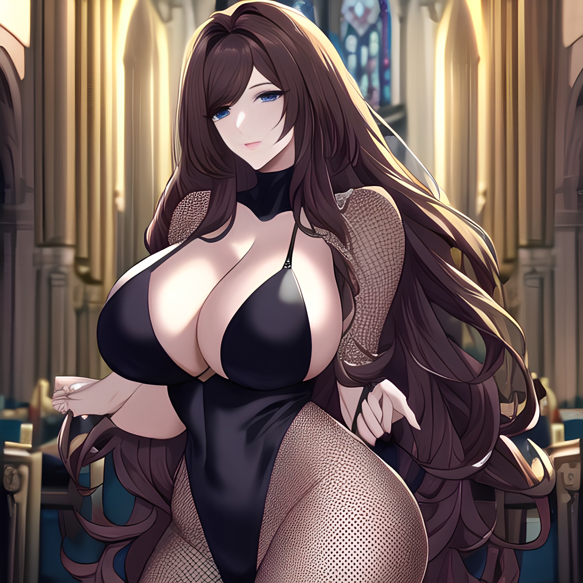 woman church messy hair brunette fishnet long hair 