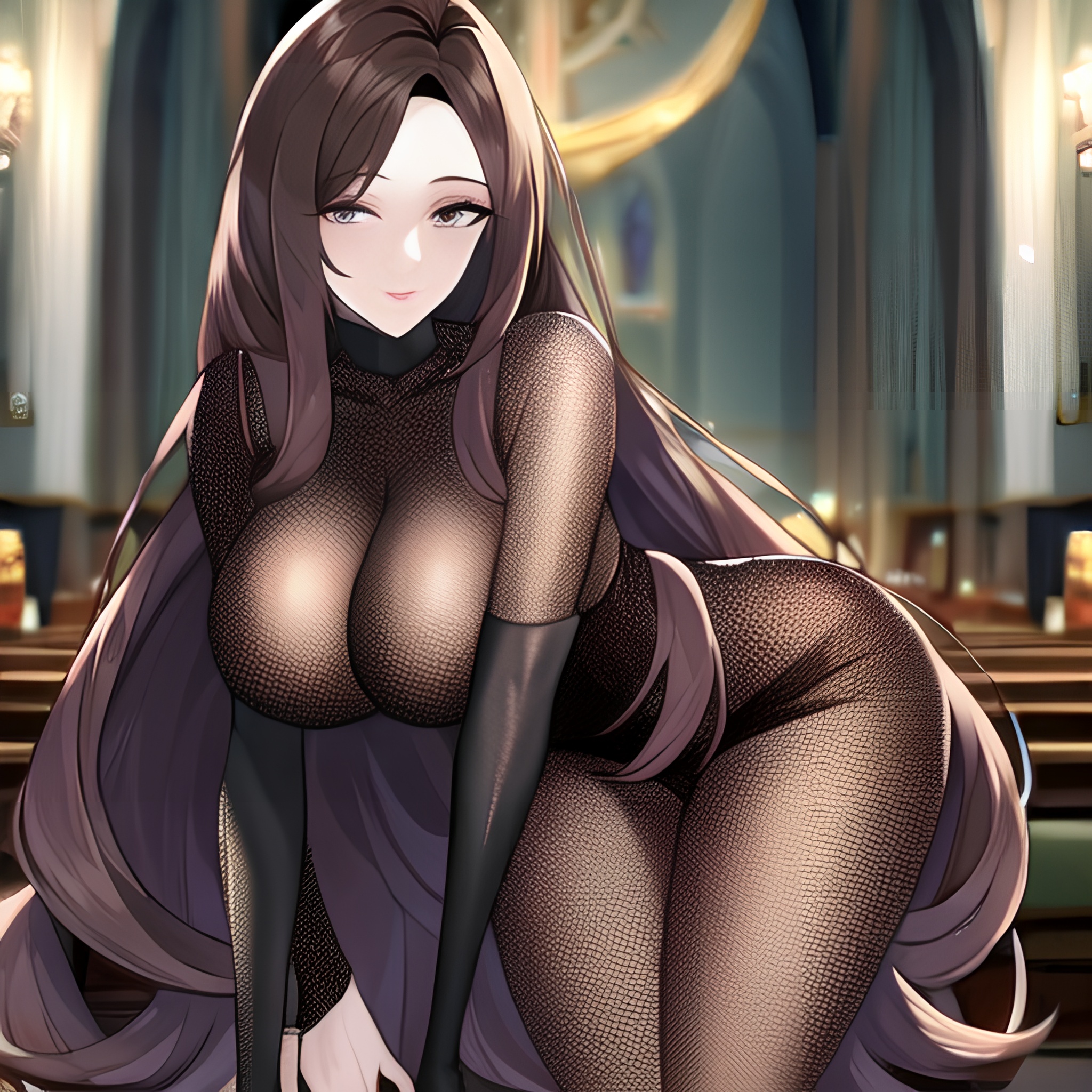 woman church messy hair brunette fishnet long hair