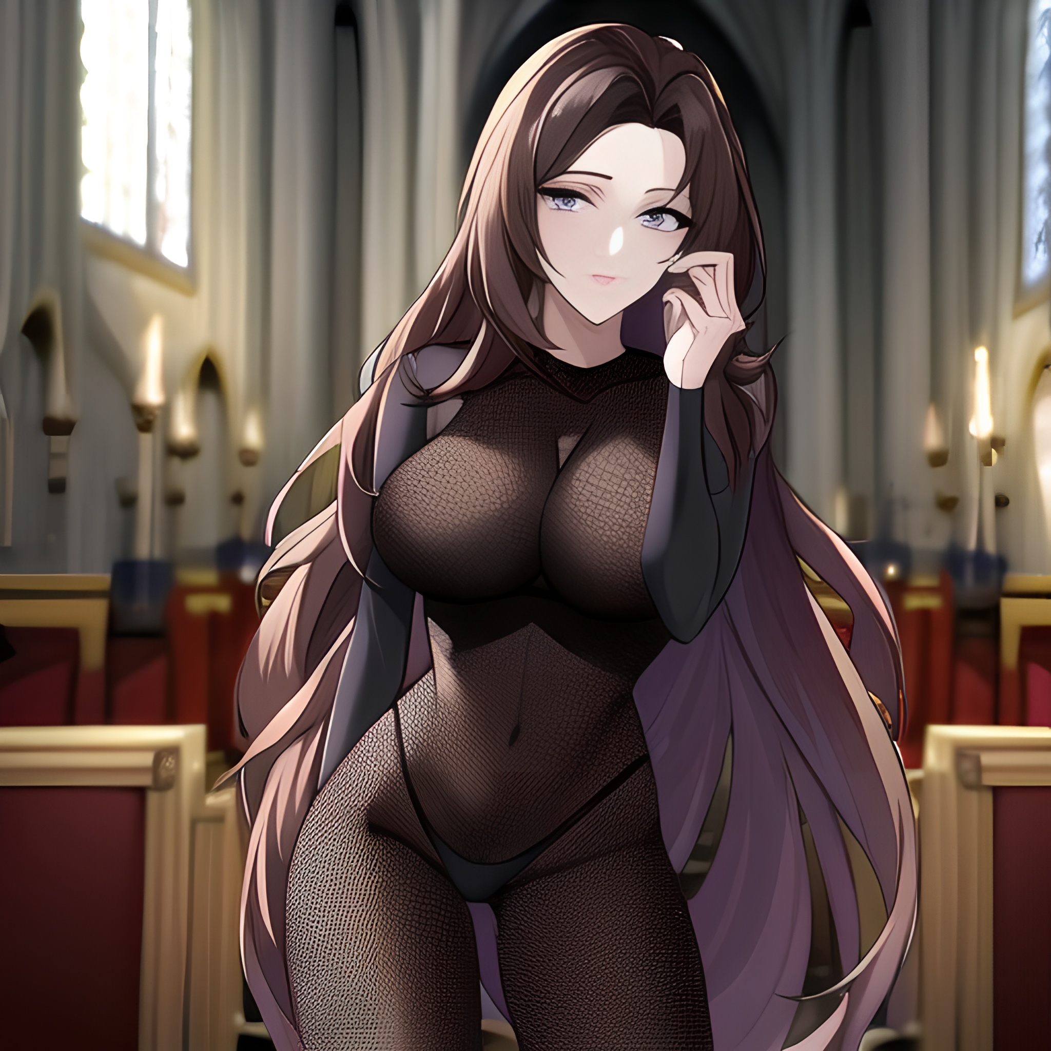 woman church messy hair fishnet brunette long hair