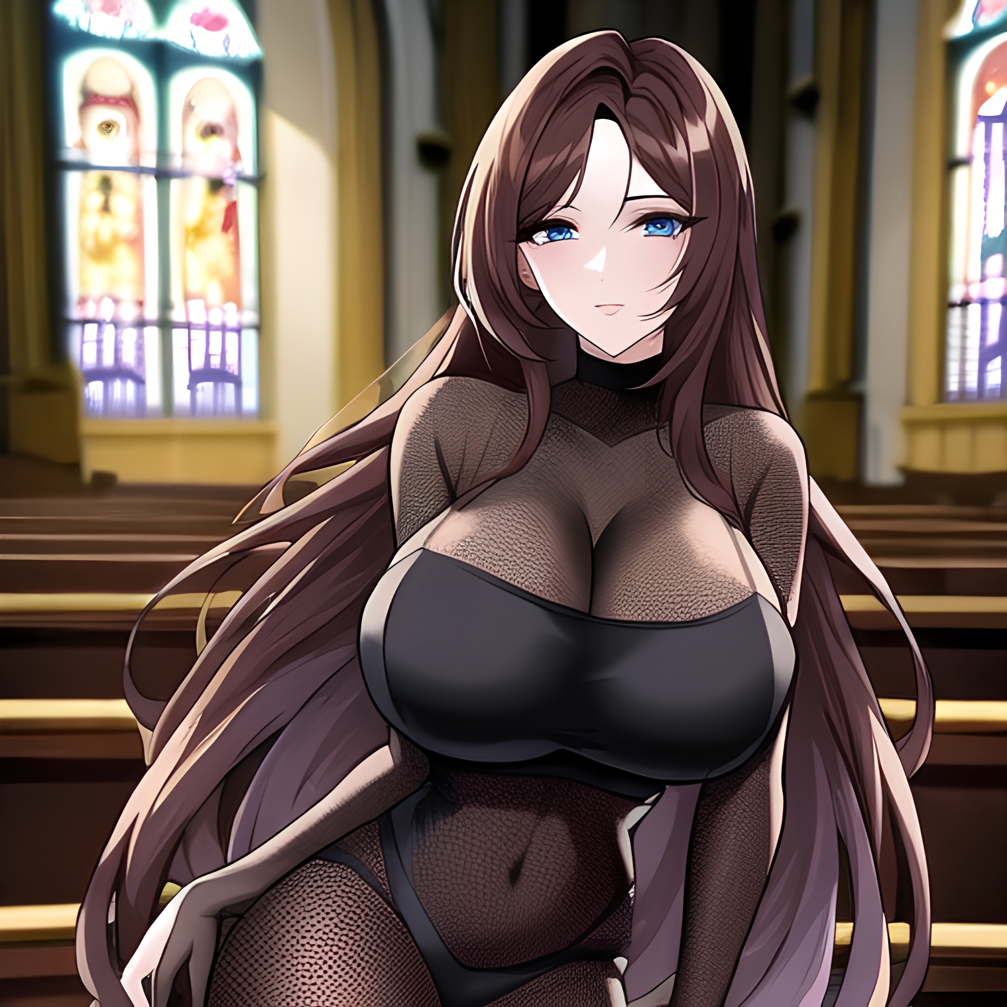 woman church messy hair fishnet brunette long hair