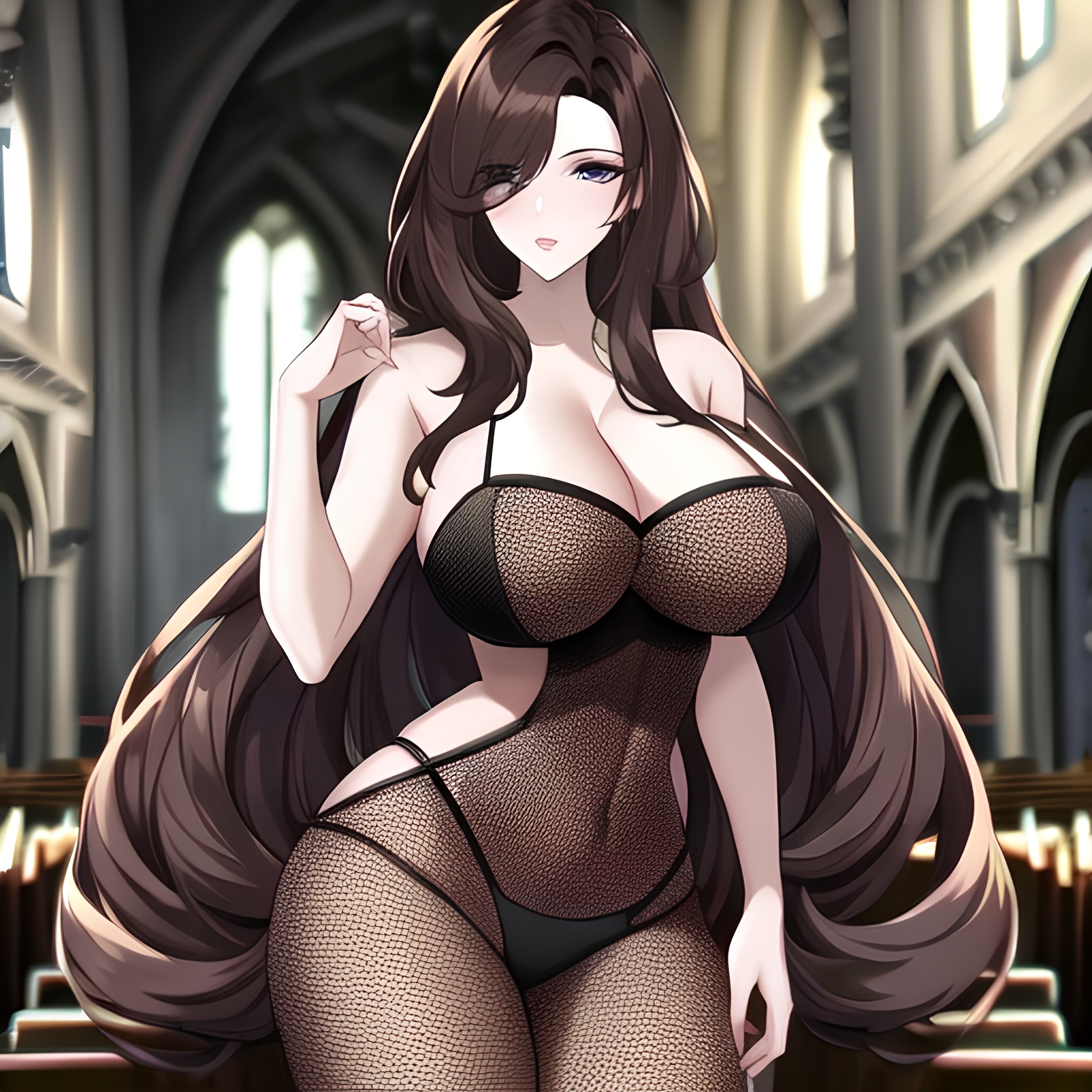 woman church messy hair fishnet long hair brunette 