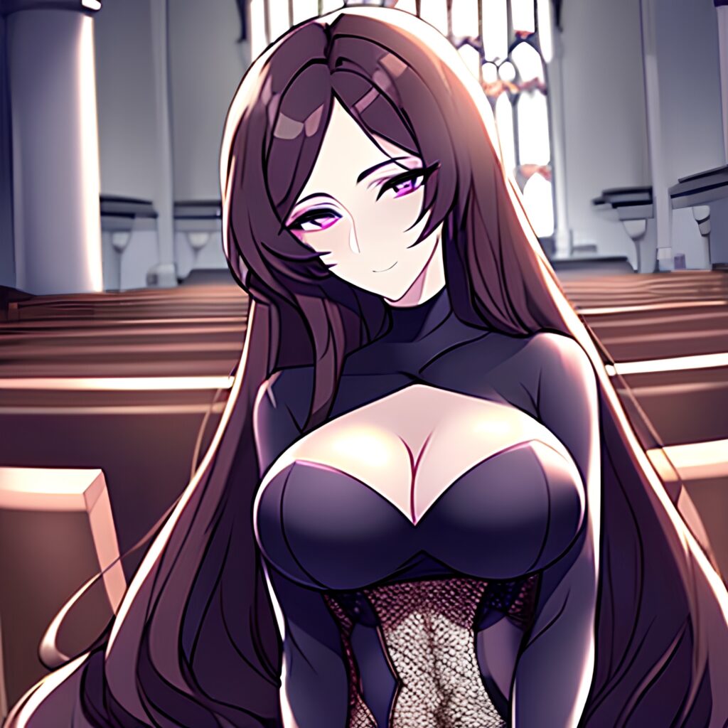woman church messy hair long hair brunette fishnet