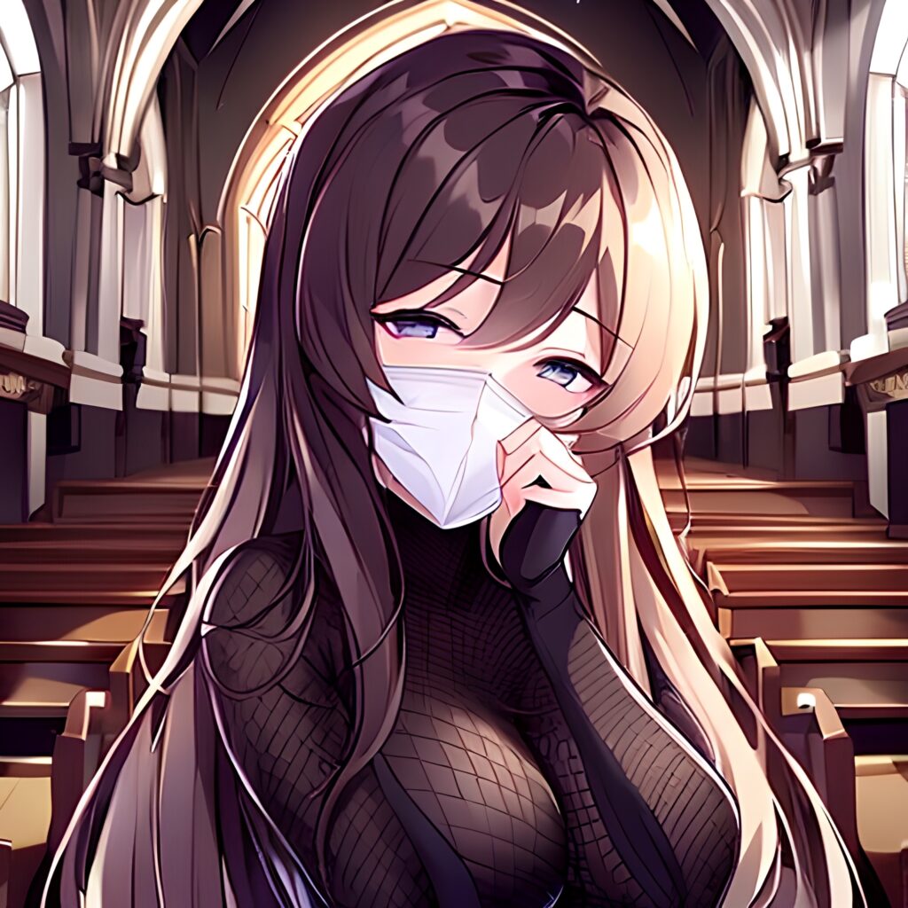 woman church messy hair long hair brunette fishnet