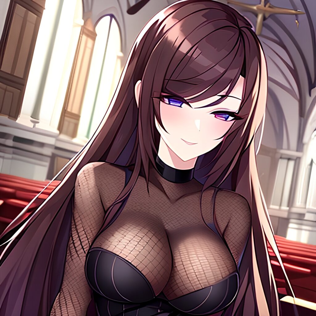 woman church messy hair long hair brunette fishnet 