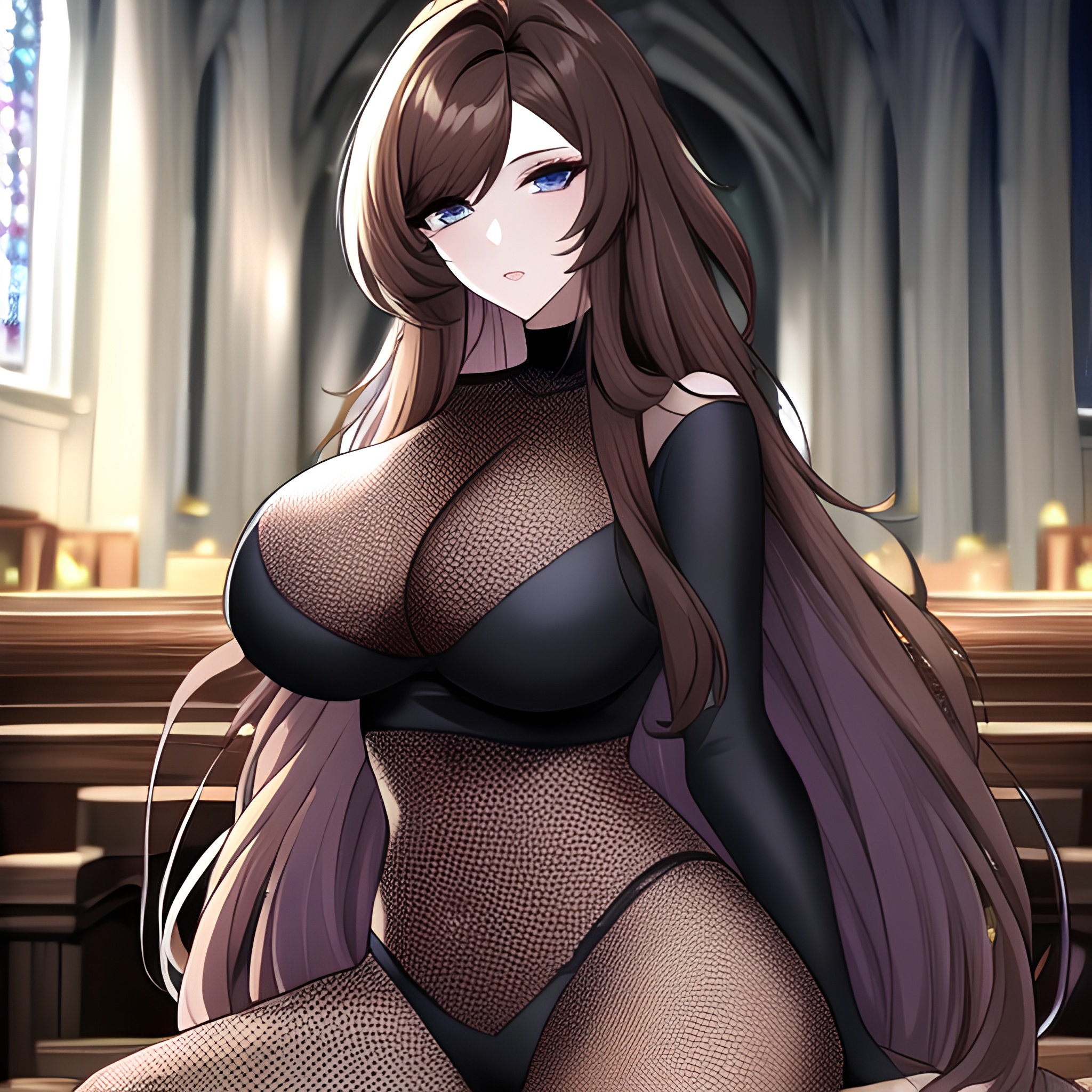woman fishnet brunette church messy hair long hair 