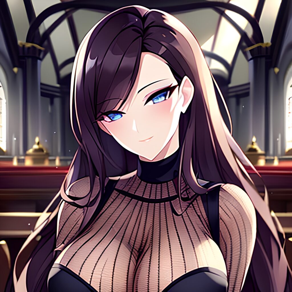woman fishnet brunette church messy hair long hair 