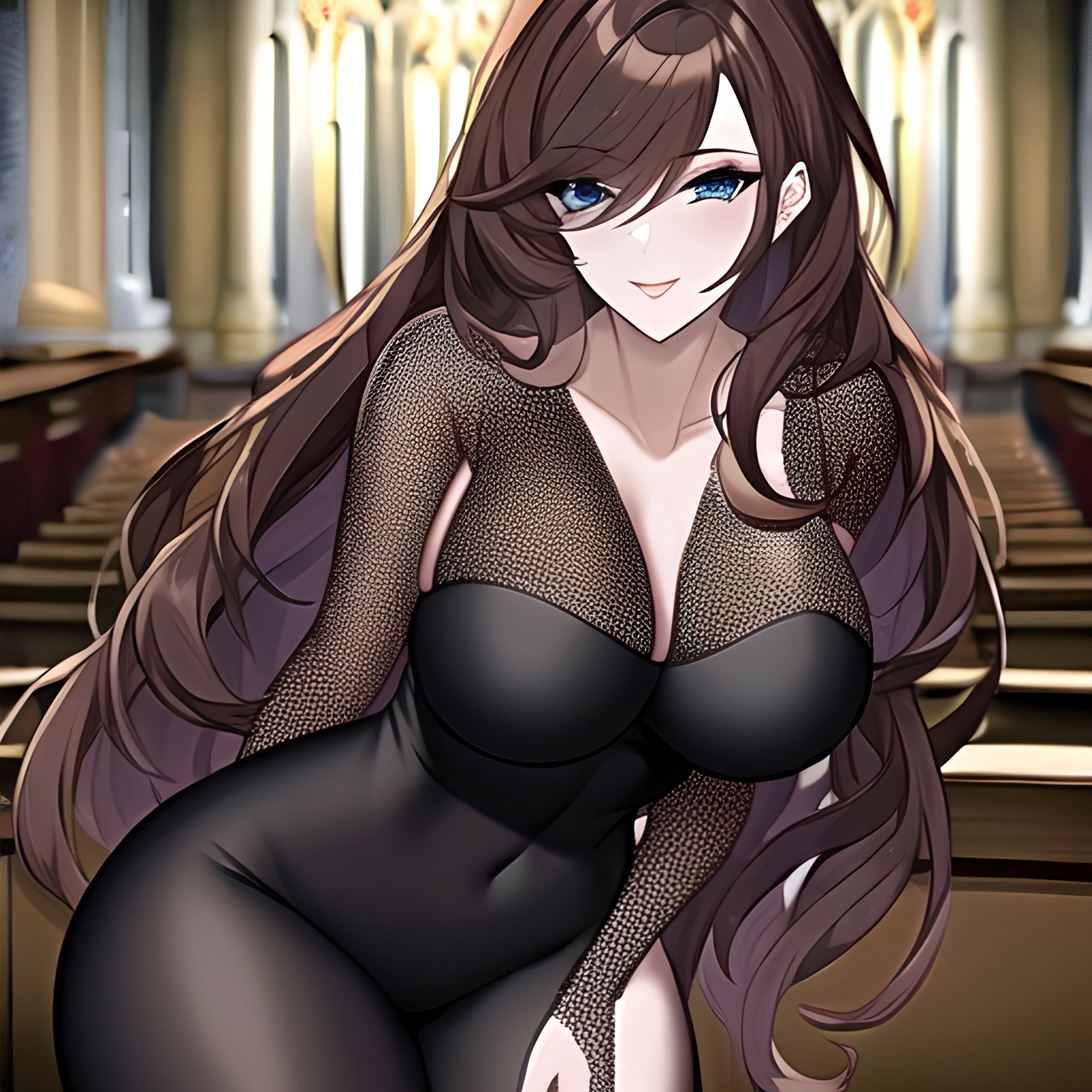 woman fishnet brunette long hair church messy hair 