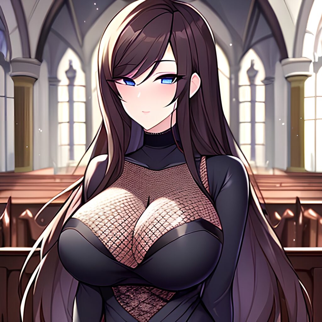 woman fishnet brunette long hair church messy hair 