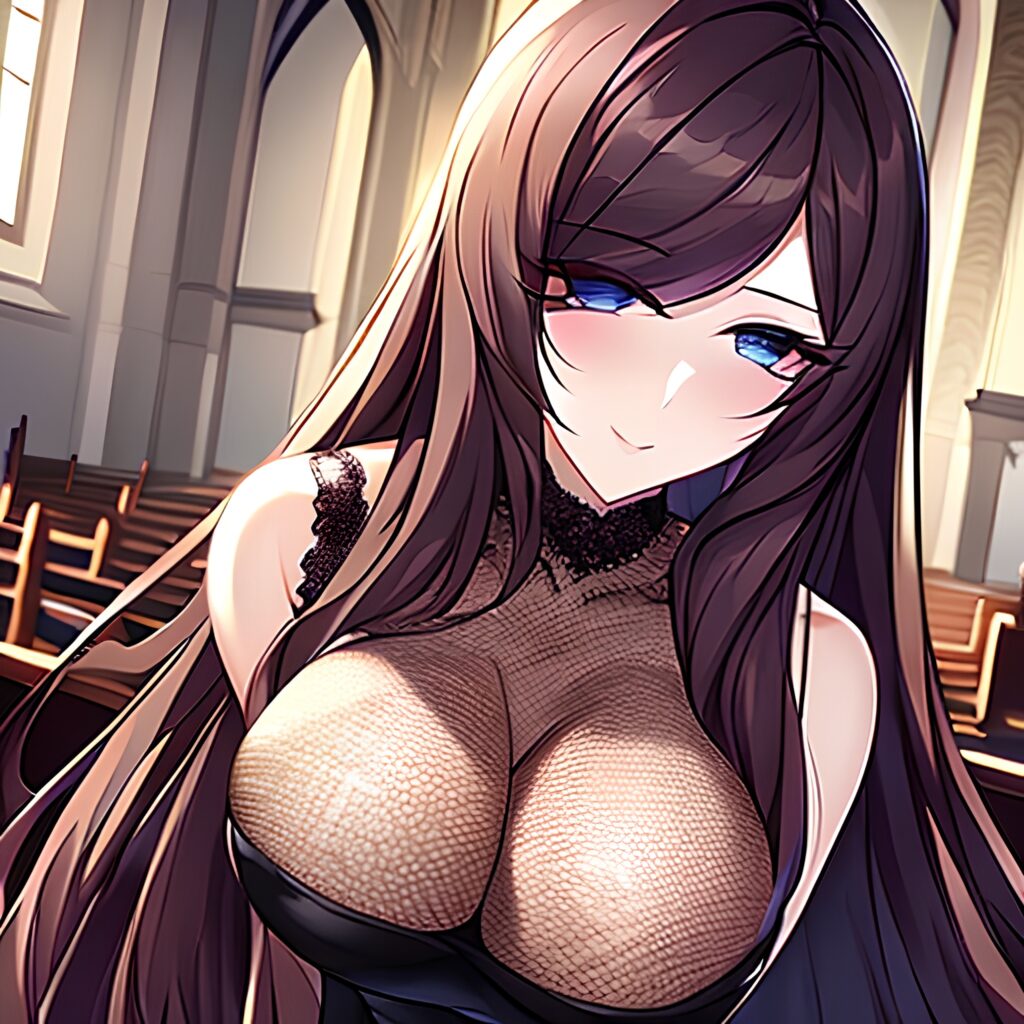 woman fishnet brunette messy hair church long hair