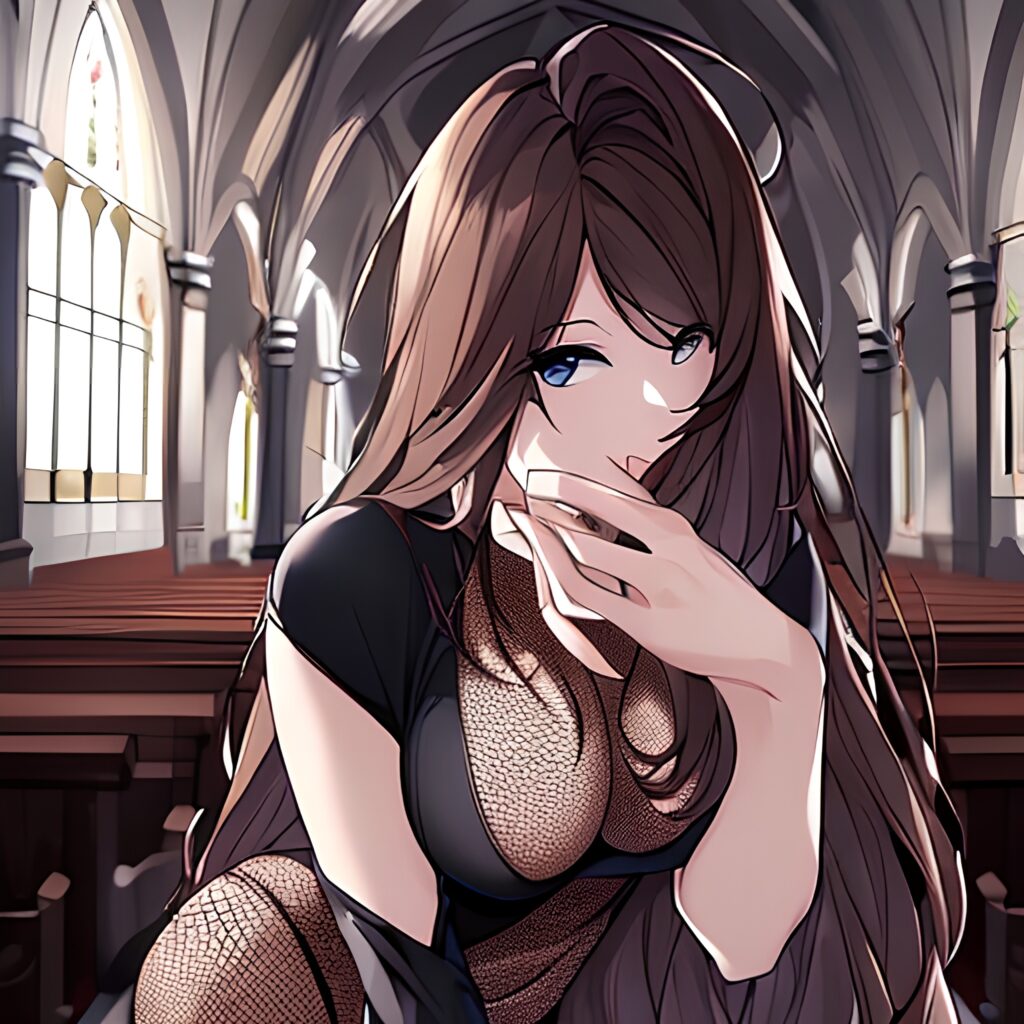 woman fishnet brunette messy hair church long hair