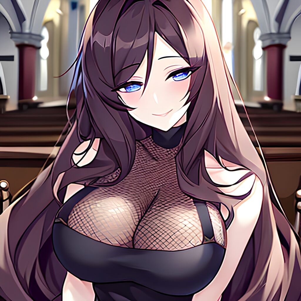 woman fishnet brunette messy hair long hair church 