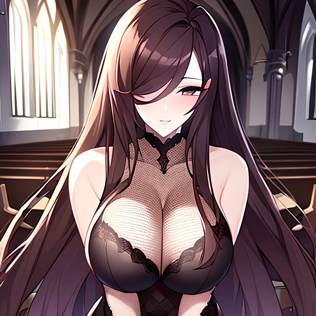 woman fishnet brunette messy hair long hair church
