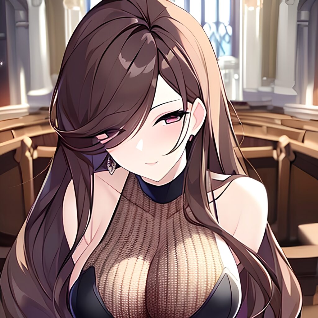 woman fishnet brunette messy hair long hair church 