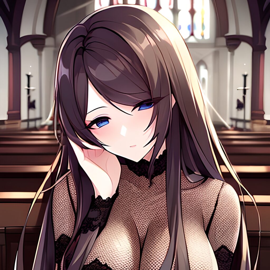 woman fishnet church brunette long hair messy hair 
