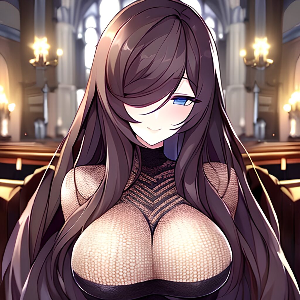 woman fishnet church brunette long hair messy hair 