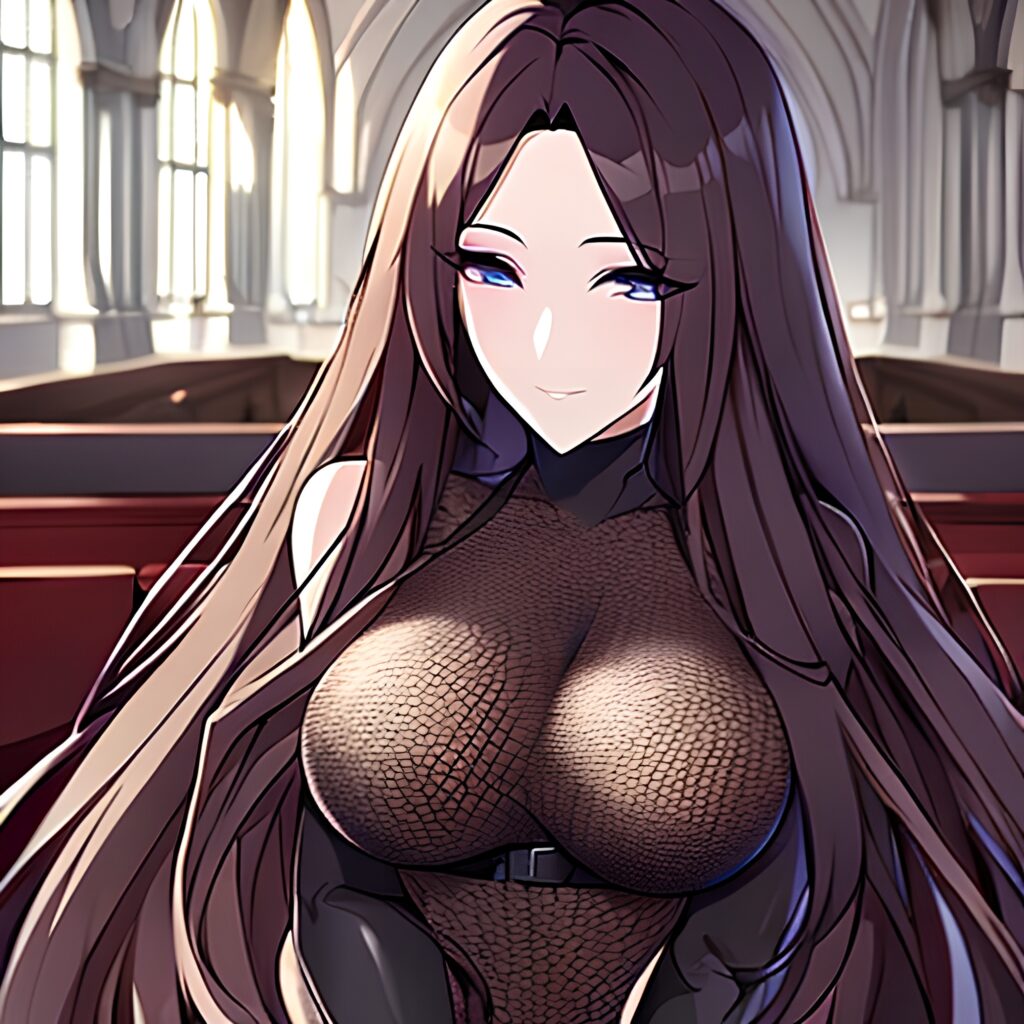 woman fishnet church brunette long hair messy hair