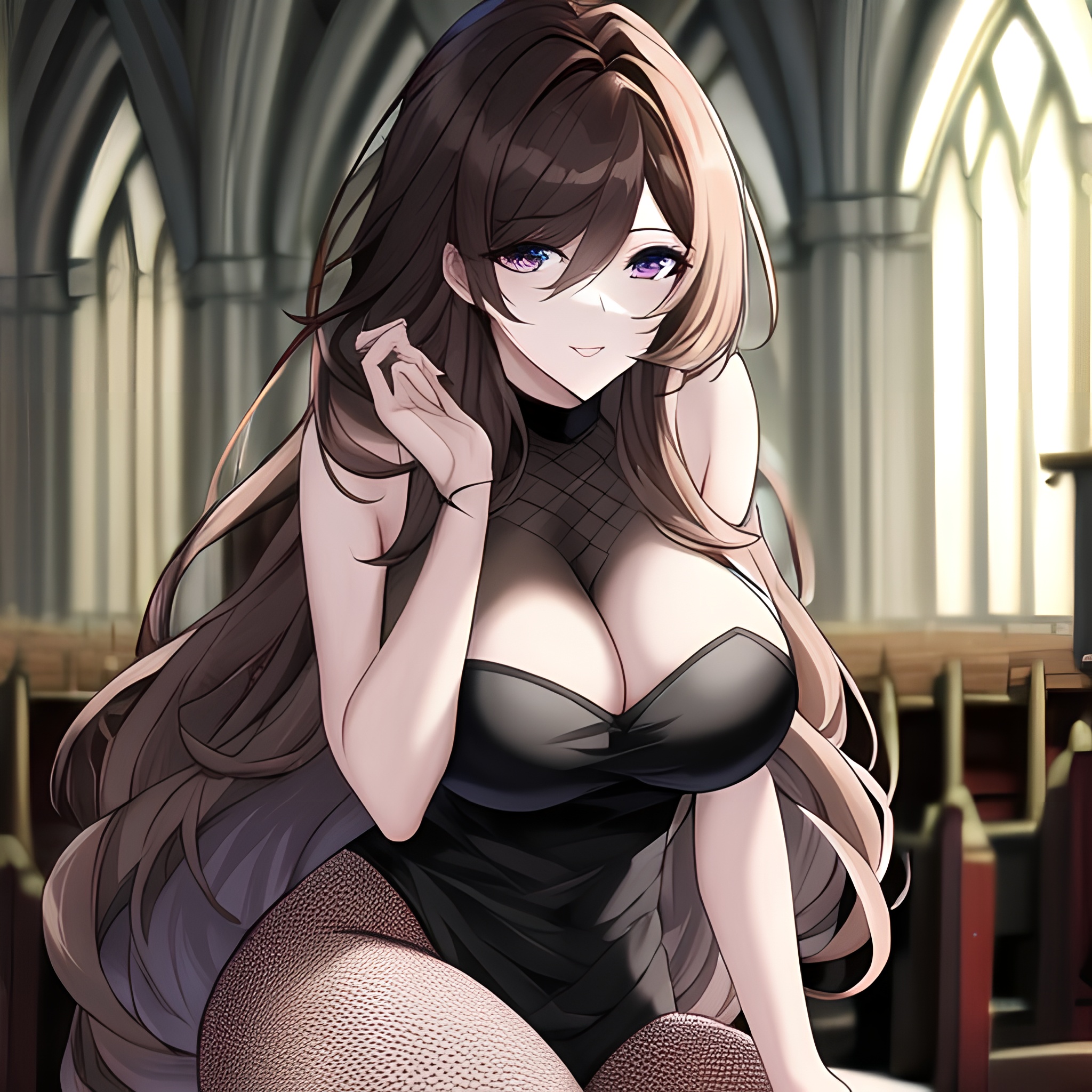 woman fishnet church brunette long hair messy hair 