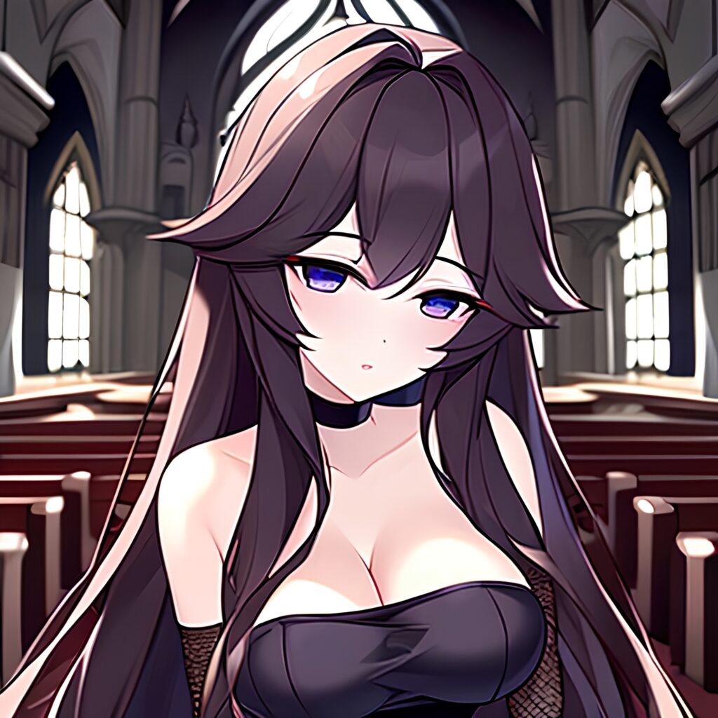 woman fishnet church long hair brunette messy hair