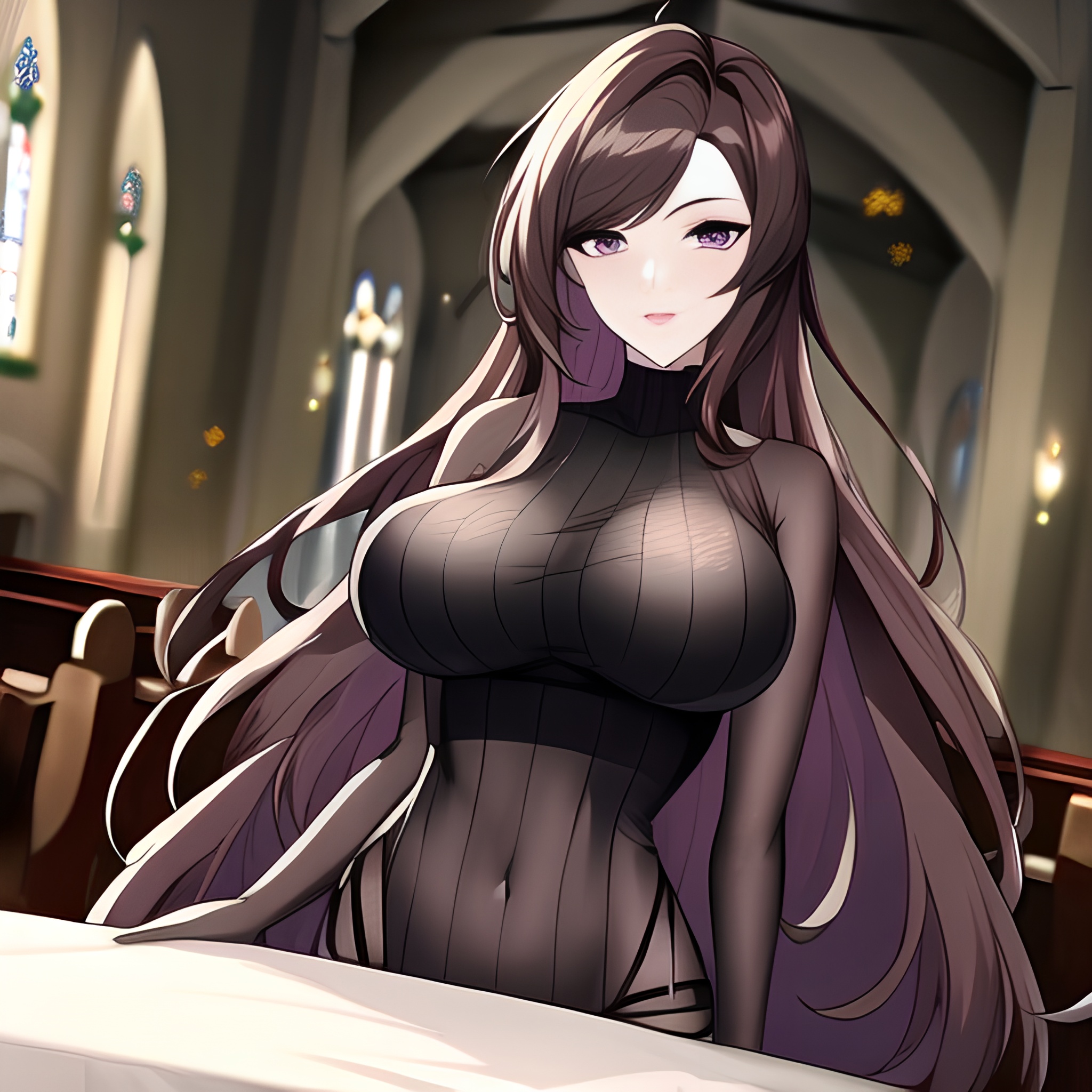 woman fishnet church long hair brunette messy hair 