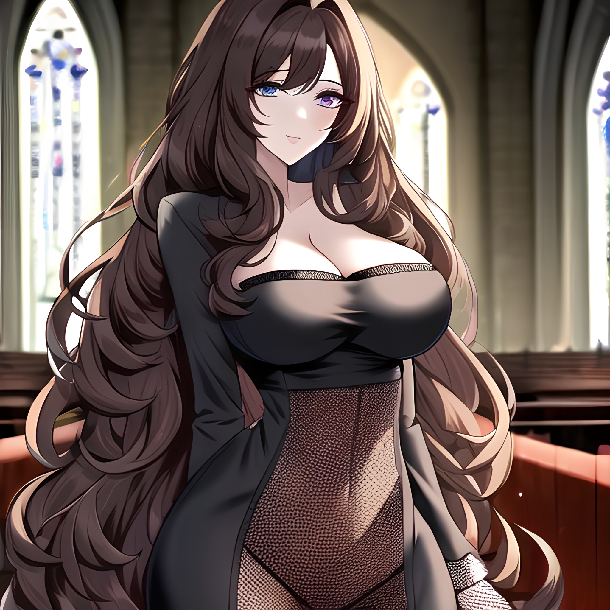 woman fishnet church long hair brunette messy hair 