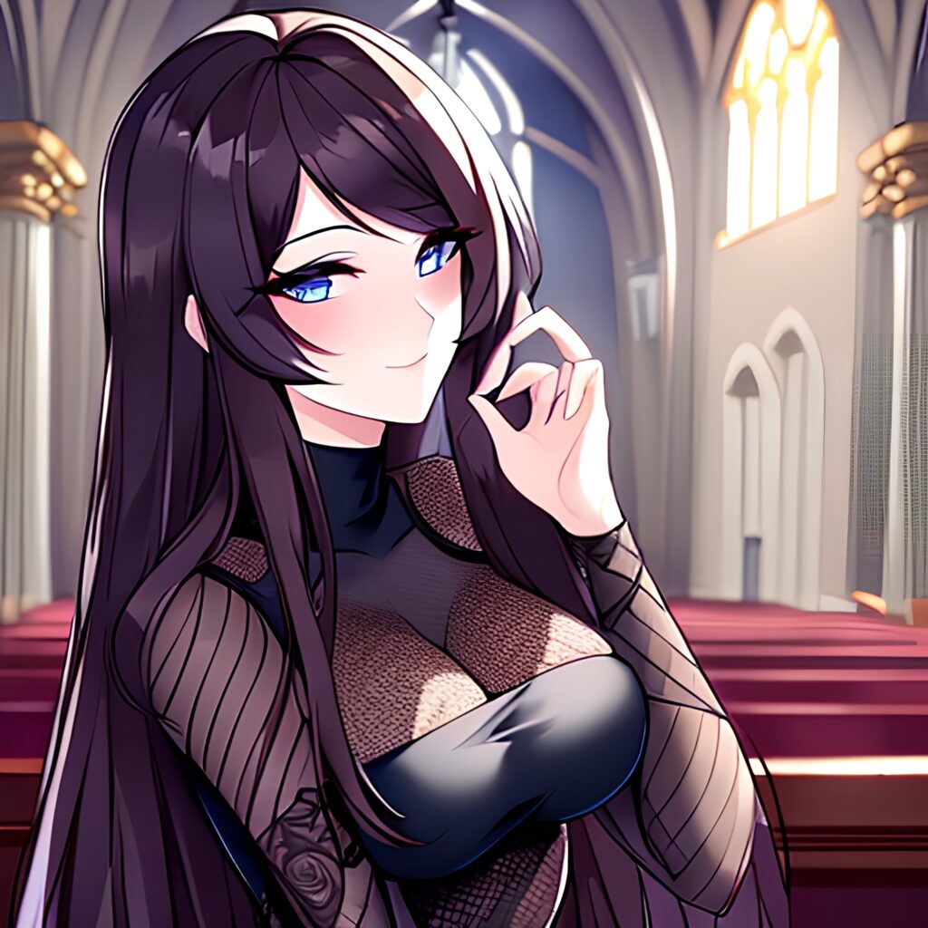 woman fishnet church long hair brunette messy hair
