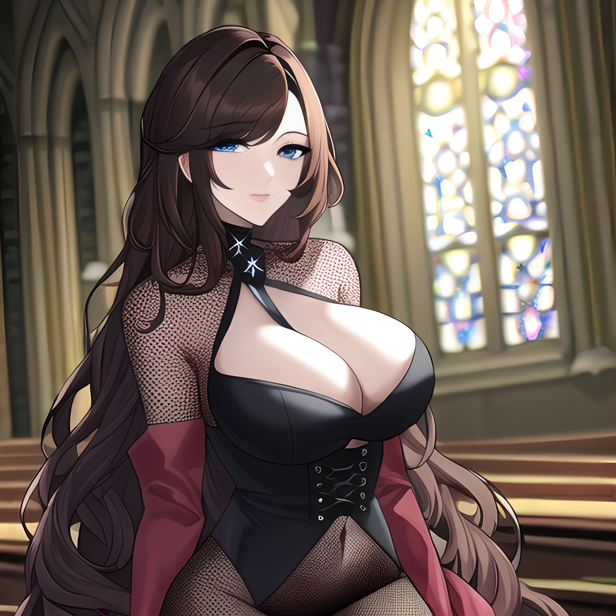 woman fishnet church long hair brunette messy hair 