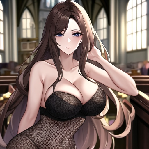 woman fishnet church long hair messy hair brunette 