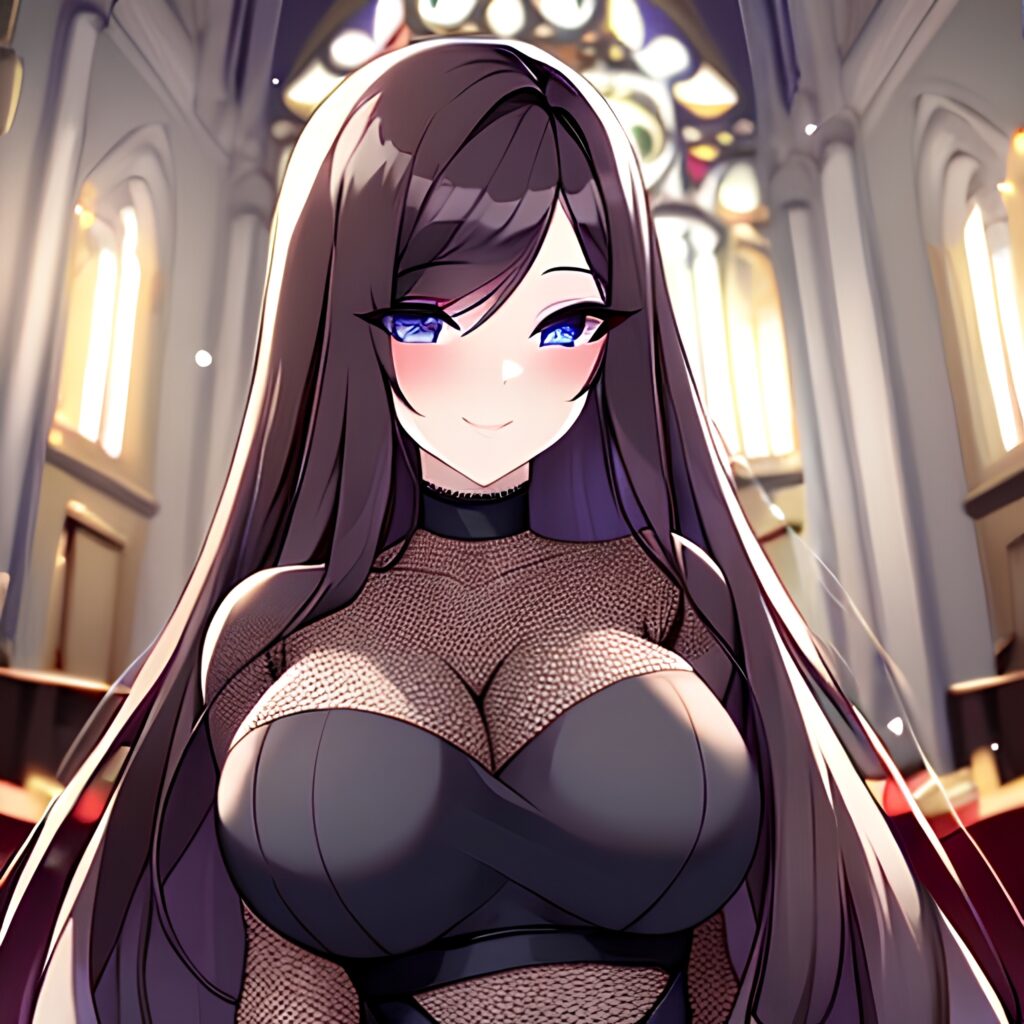 woman fishnet church long hair messy hair brunette