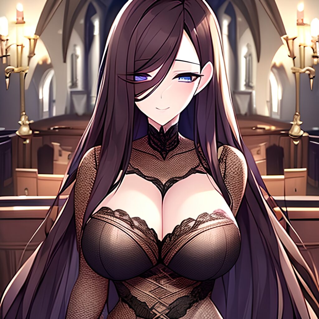 woman fishnet church long hair messy hair brunette