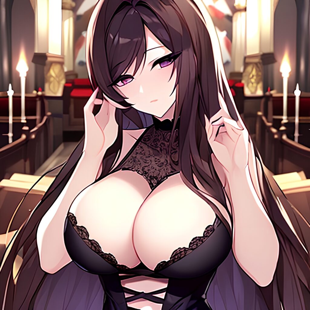 woman fishnet church long hair messy hair brunette 