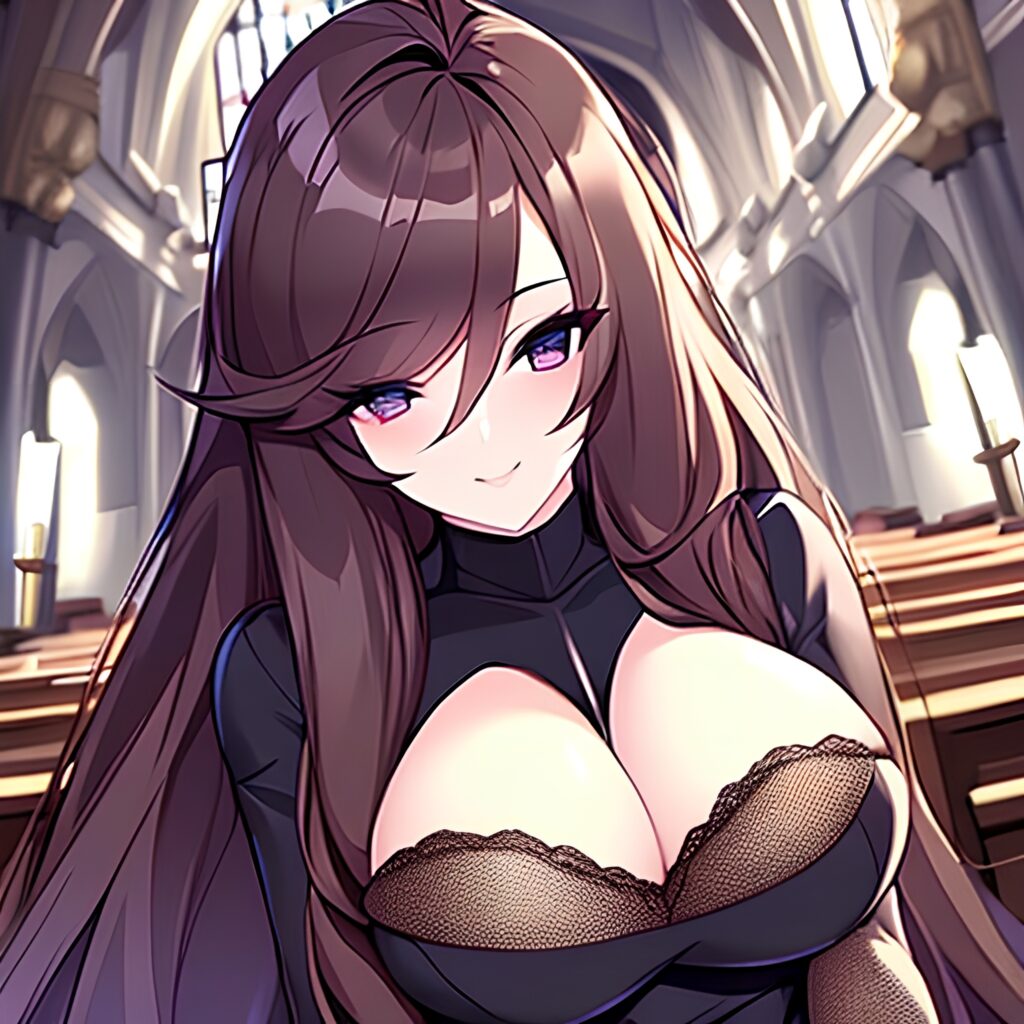 woman fishnet church messy hair brunette long hair