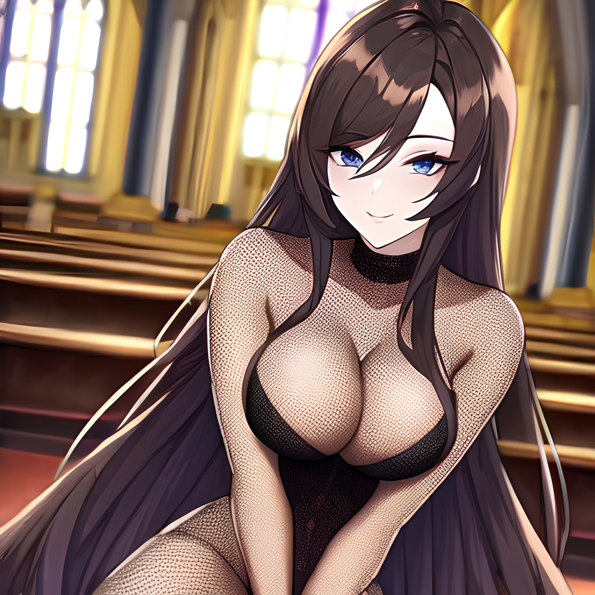 woman fishnet church messy hair brunette long hair