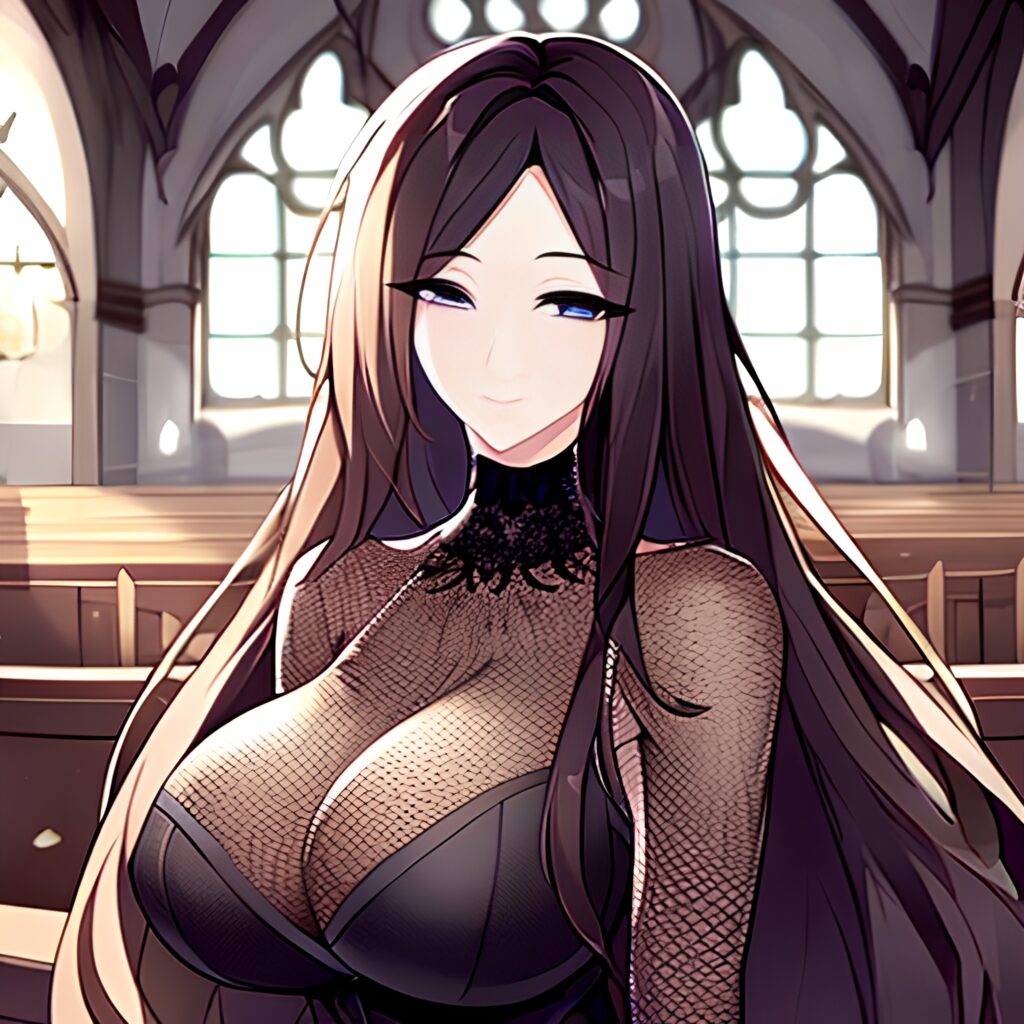 woman fishnet church messy hair brunette long hair