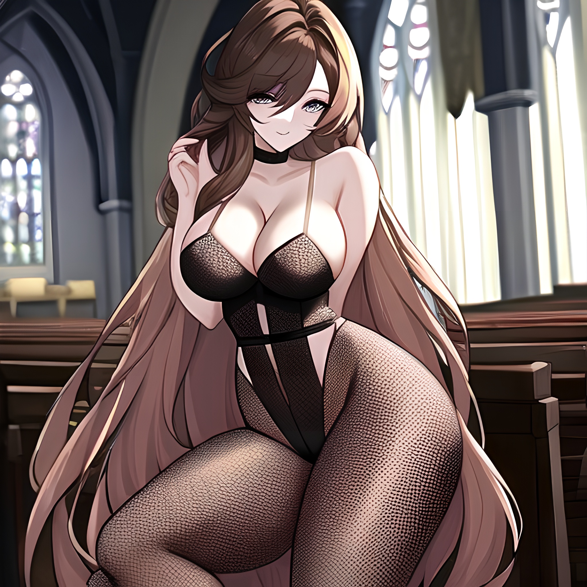 woman fishnet church messy hair brunette long hair