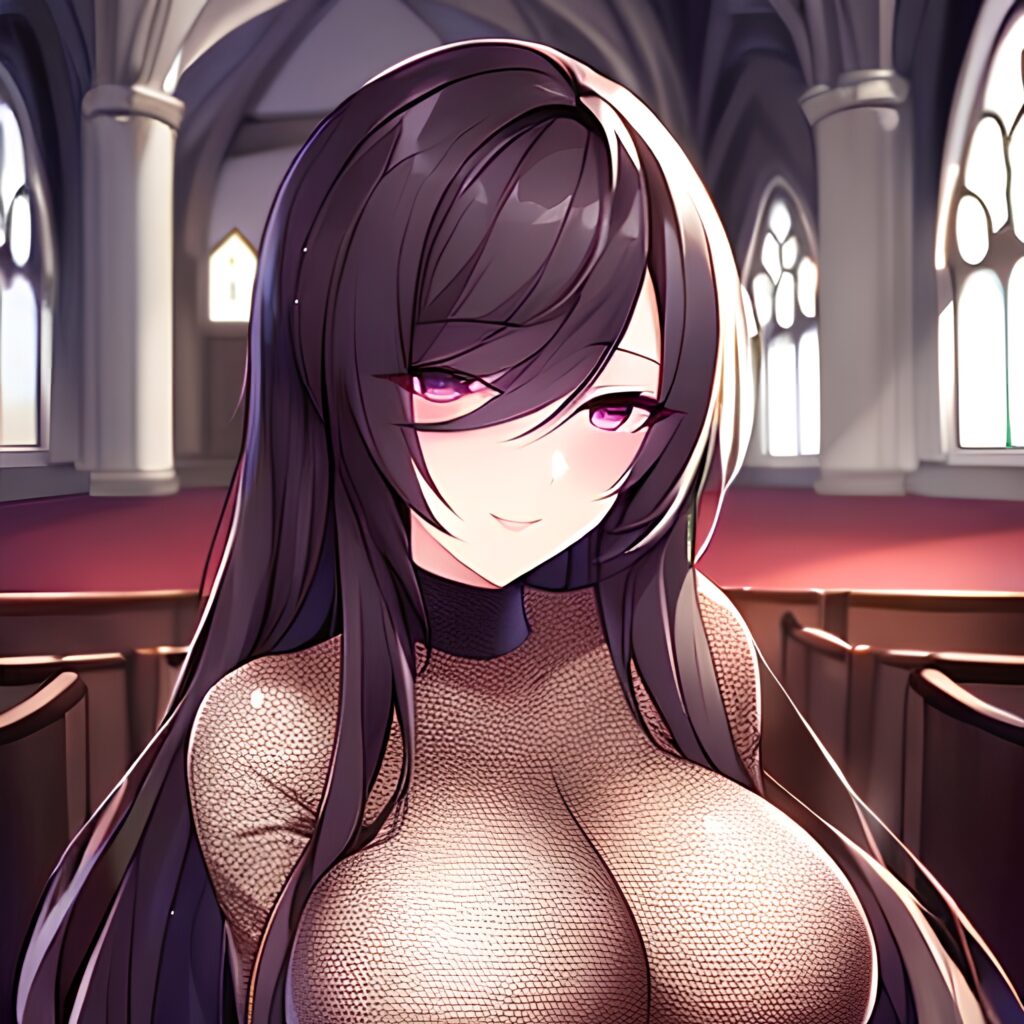 woman fishnet church messy hair long hair brunette