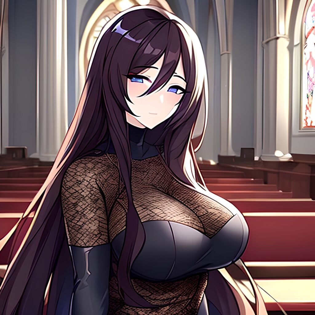 woman fishnet church messy hair long hair brunette
